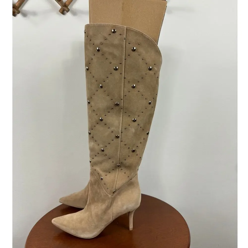New Vince Camuto Fimulie Studded High Knee Boots Tortilla Suede Women's Size 9
